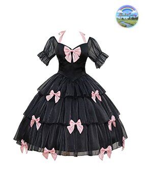 Lolita Pink Dress Women Gothic Cosplay Puff Sleeve A-line Midi with Bows